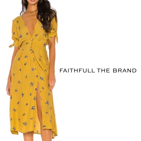 Faithfull The Brand NWT Billie Midi Dress - Dolores Floral - Yellow - Size M - Picture 1 of 16